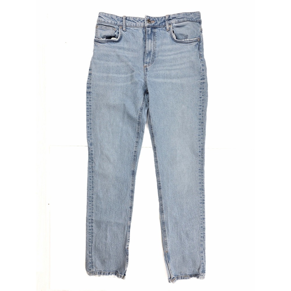 Zara Stretch Mid Rise Stone Wash Denim Slit Tapered Leg Jeans Womens Blue Size 8